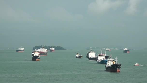 Frachtschiffe Singapur Schiffe Liegen Hafen Von Singapur Vor Anker Schiffe — Stockvideo