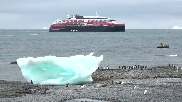 2022年1月3日 在南极洲海域航行的船只 有冰川和山脉 一个美丽的极地自然与山脉 冰川和冰山 白雪覆盖的高山和莱梅尔海峡 — 图库视频影像