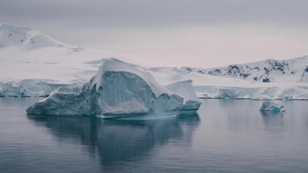 崩塌的冰山 南极洲冰山无声的美丽 漂流的冰山 全球变暖 生态状况 冰融化 南极海的寒冷的荒漠性质 美丽的风景 — 图库视频影像