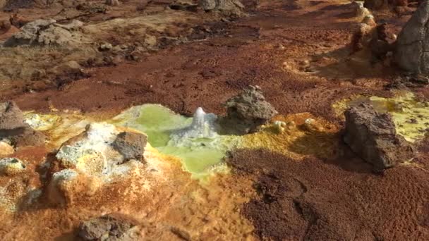 火山口湖 Dallol地热区 酸池中的硫化晶体 达纳基勒凹陷的地热场 埃塞俄比亚 非洲超现实景观中的温泉和酸性矿物 — 图库视频影像