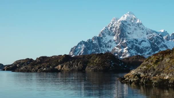 トラベルランドスケープ ノルウェーの自然 ロフテン諸島の雪山 冬の海岸線で雪が覆われた フィヨルドの景色 水の反射 — ストック動画