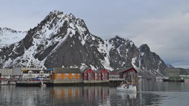 冬季在挪威海上的渔船 罗浮敦群岛冬季风景 传统的渔船停泊在港口和海里 寒冷的晴天 斯堪的纳维亚 — 图库视频影像