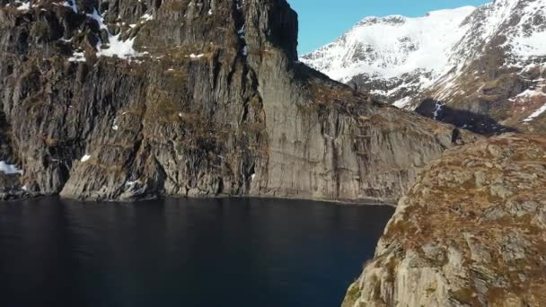Krajobrazy Fiordów Lofoten Norwegii Widok Drona Widok Lotu Ptaka Wyspę — Wideo stockowe