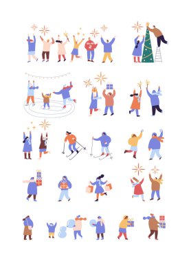 İnsanlar kış tatillerini yassı vektör koleksiyonuyla kutluyor. Mutlu yıllar, Noel. Kışın açık hava aktiviteleri. 