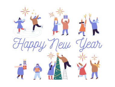 İnsanlar kış tatillerini yassı vektör koleksiyonuyla kutluyor. Mutlu yıllar, Noel. Kışın açık hava aktiviteleri. 