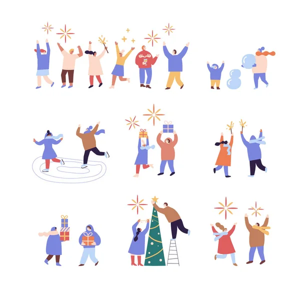 人们庆祝寒假 收集扁平的病媒 新年快乐 圣诞快乐 冬季户外活动 — 图库矢量图片
