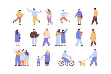 Kalabalık. Farklı İnsanlar siluet vektör koleksiyonu. Beyaz arka planda izole edilmiş erkek ve kadın düz karakterler.