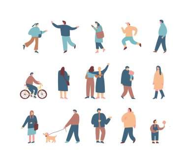 Kalabalık. Farklı İnsanlar siluet vektör koleksiyonu. Beyaz arka planda izole edilmiş erkek ve kadın düz karakterler.