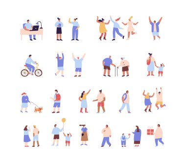 Düz İnsanlar siluet vektör koleksiyonu. Beyaz arka planda izole edilmiş erkek ve kadın düz karakterler.