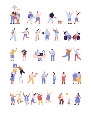 Düz İnsanlar siluet vektör koleksiyonu. Beyaz arka planda izole edilmiş erkek ve kadın düz karakterler.