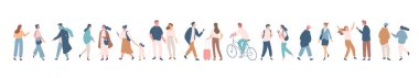 Background people vector horizontal banner. People silhouette crowd. Men and women, parents, kids walking outdoor.	