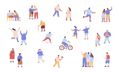 Şirin Minik İnsanlar silueti. Beyaz arka planda izole edilmiş erkek ve kadın düz karakterler.