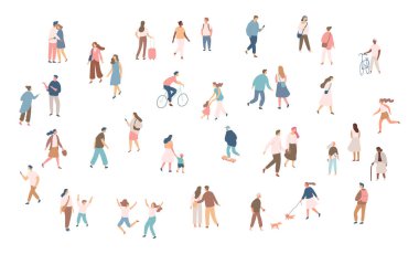 City tiny people silhouette crowd background characters. Male and female vector set isolated on white background.