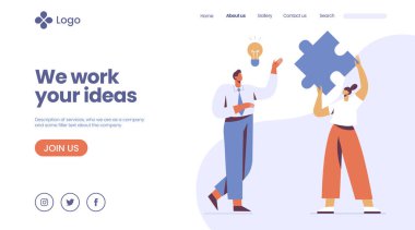 İş fikri iniş sayfası şablonu. Takım çalışması ve ortaklık iş iletişimi kavramı. İş adamı ve İş kadını iletişimi iş sayfası, iniş sayfası vektörü