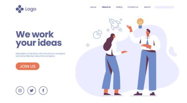 İş fikri iniş sayfası şablonu. Takım çalışması ve ortaklık iş iletişimi kavramı. İş adamı ve İş kadını iletişimi iş sayfası, iniş sayfası vektörü