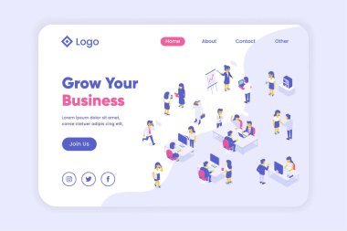 İniş sayfası şablonunu büyüt. Takım çalışması ve ortaklık iş iletişimi kavramı. İş adamı ve İş kadını iletişimi iş sayfası, iniş sayfası vektörü