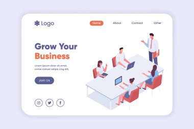 İniş sayfası şablonunu büyüt. Takım çalışması ve ortaklık iş iletişimi kavramı. İş adamı ve İş kadını iletişimi iş sayfası, iniş sayfası vektörü