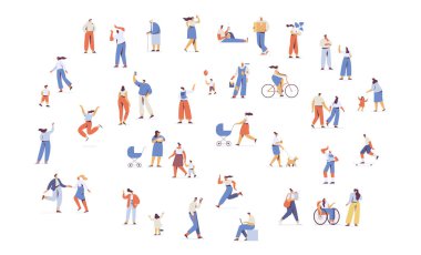 People crowd silhouette on city street. Male and female flat characters isolated on white background.	