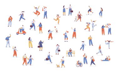 People crowd silhouette on city street. Male and female flat characters isolated on white background.	