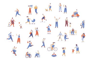 People crowd silhouette on city street. Male and female flat characters isolated on white background.	