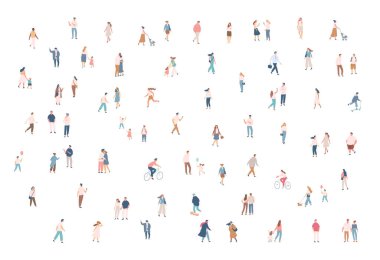 Kalabalık. Şehirdeki küçük insanlar arka plandaki karakterleri siluetliyor. Erkek ve dişi vektör beyaz arkaplanda izole edildi.