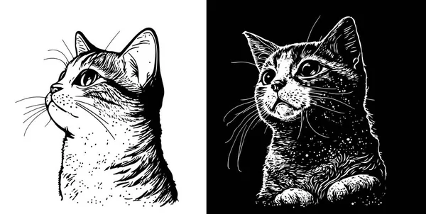 Gattino Soffice Simpatico Gatto Disegnato Mano Linea Stile Vettoriale Illustrazioni — Vettoriale Stock