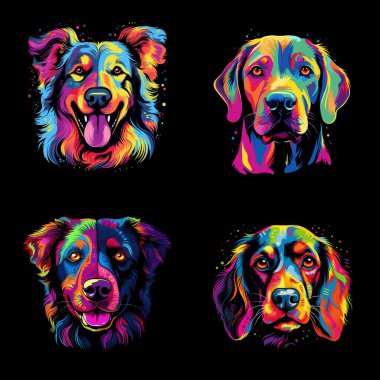 Siyah arkaplanda izole edilmiş köpek portresi olan renkli poster