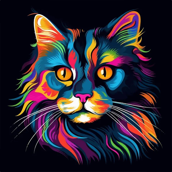 Colorful Poster Cat Portrait Isolated Black Background — Stock Vector