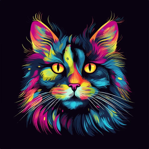 Färgglada Affisch Med Katt Porträtt Isolerad Svart Bakgrund — Stock vektor