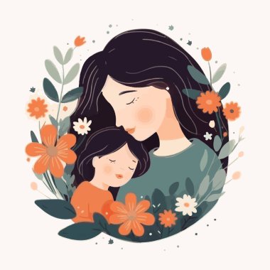Çiçeklerle çevrili bebeğini kucağında tutan mutlu anne. Anne çocuğuna sarılıyor, anneliğe. Anneler günün kutlu olsun tebrik kartı..