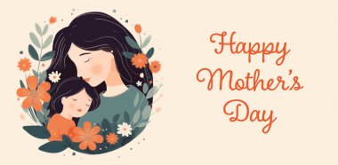 Çiçeklerle çevrili bebeğini kucağında tutan mutlu anne. Anne çocuğuna sarılıyor, anneliğe. Anneler günün kutlu olsun tebrik kartı..