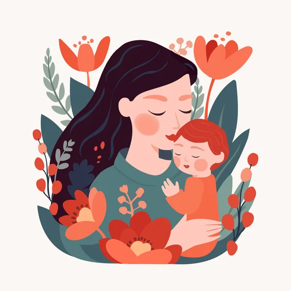 Madre Feliz Sosteniendo Bebé Rodeado Flores Ilustración Vector Plano Mamá — Vector de stock