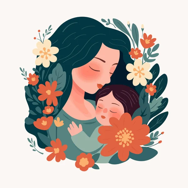 Madre Feliz Sosteniendo Bebé Rodeado Flores Ilustración Vector Plano Mamá — Vector de stock