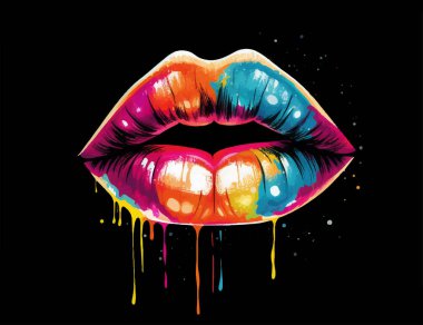 Siyah arkaplanda izole edilmiş kocaman dudaklı renkli vektör posteri. 