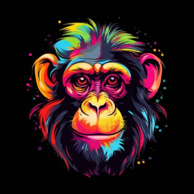 Maymun suratlı renkli vektör posteri. Portre siyah arkaplanda izole edildi