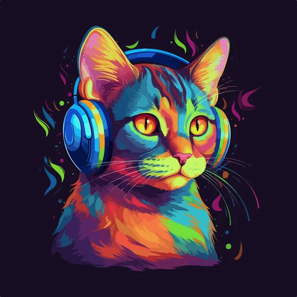 Πολύχρωμο Διάνυσμα Αφίσα Γάτα Ακούγοντας Μουσική Απομονωμένη Μαύρο Φόντο — Διανυσματικό Αρχείο