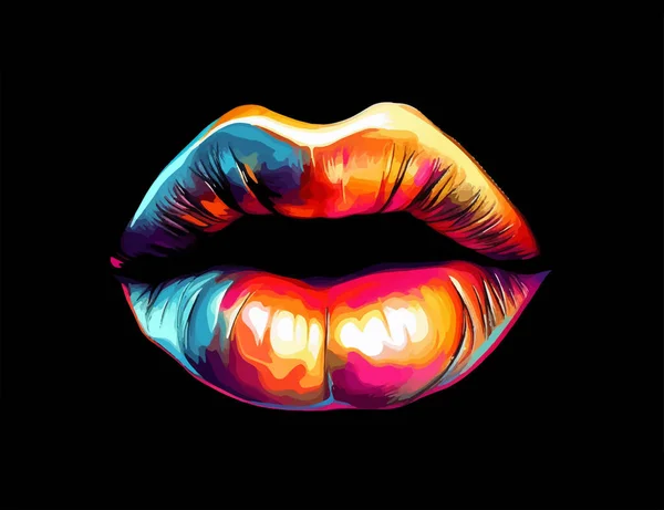黒の背景に隔離された巨大な唇を持つカラフルなベクトルポスター — ストックベクタ