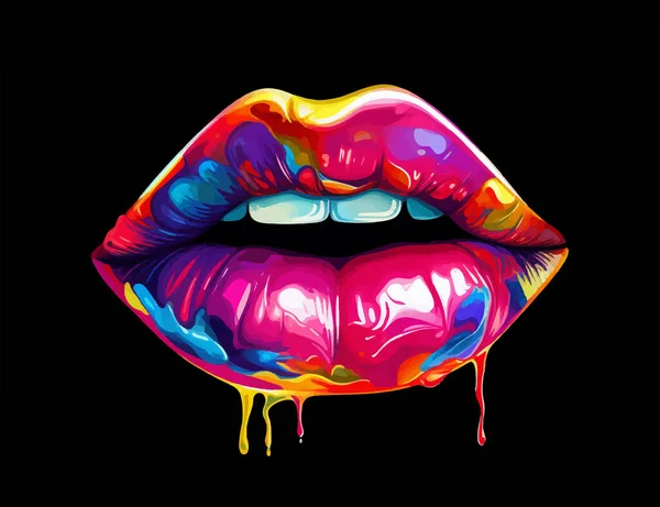 Kleurrijke Vector Poster Met Enorme Lippen Geïsoleerd Zwarte Achtergrond — Stockvector