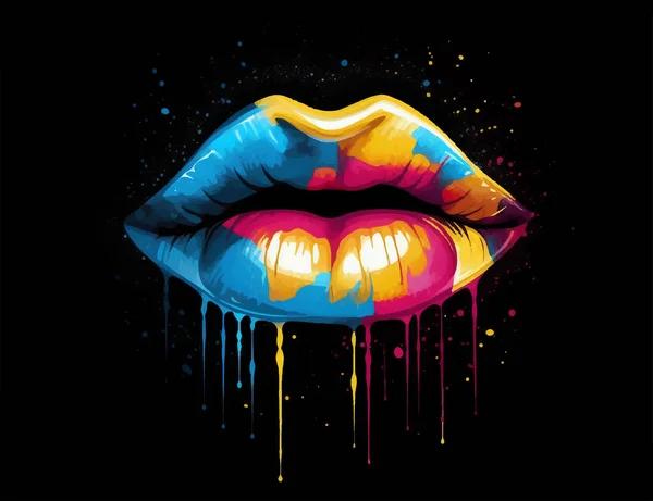 黒の背景に隔離された巨大な唇を持つカラフルなベクトルポスター — ストックベクタ