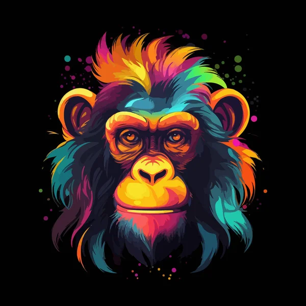 Colorful Vector Poster Monkey Face Portrait Isolated Black Background — Stock Vector