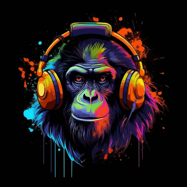 彩色矢量海报与猴子与耳机 在黑色背景上孤立的肖像 — 图库矢量图片