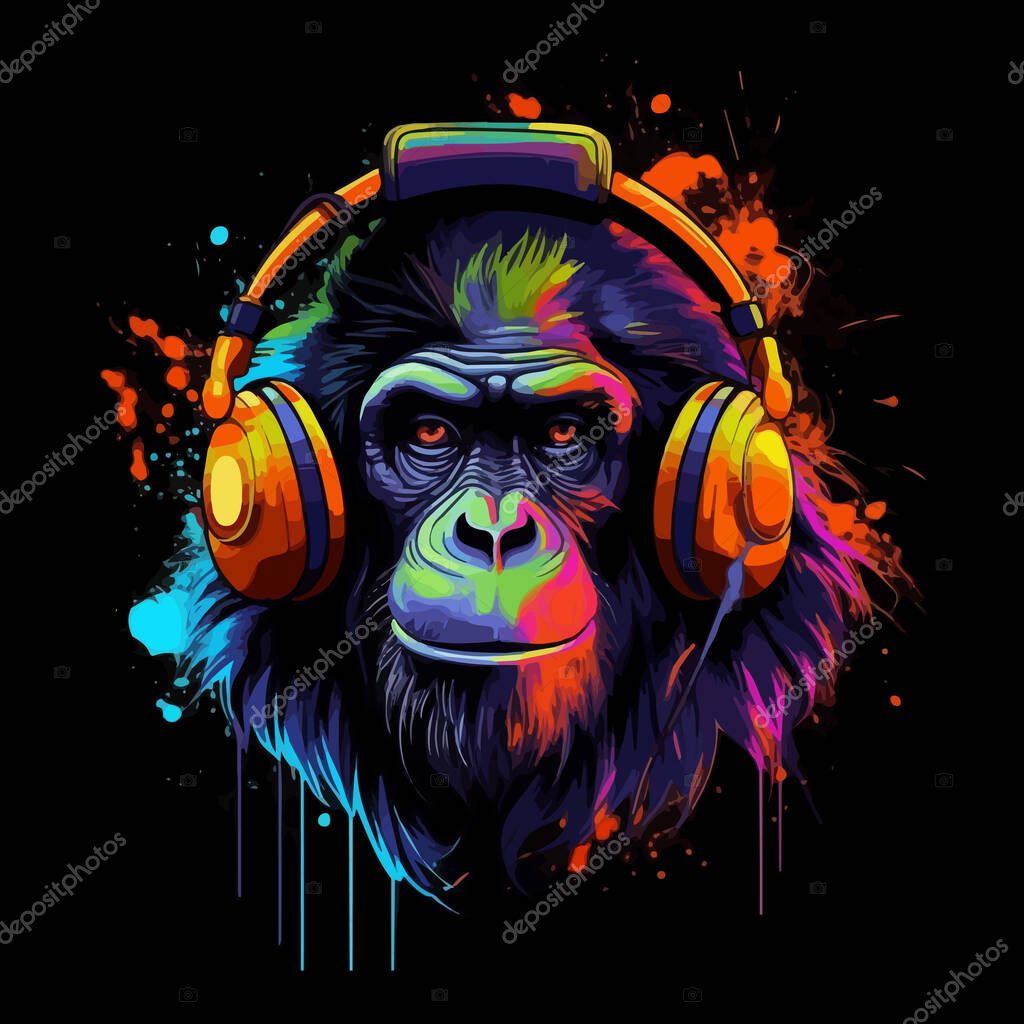 Colorful vector poster with monkey with headphones. Portrait isolated on black background