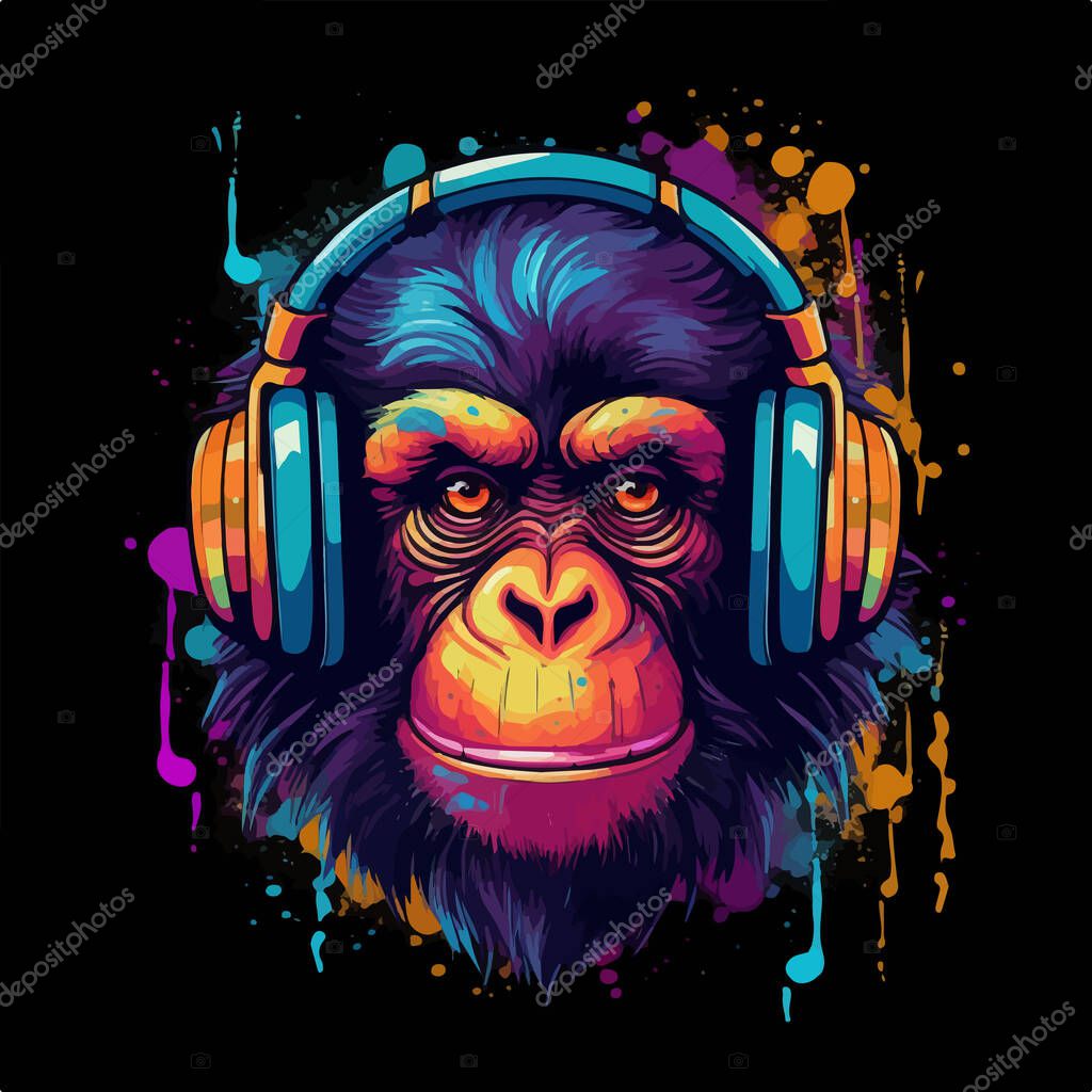 Colorful vector poster with monkey with headphones. Portrait isolated on black background