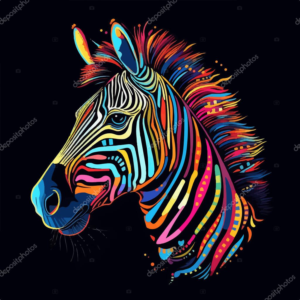 Colorful vector illustration with zebra isolated on black background. Color Poster