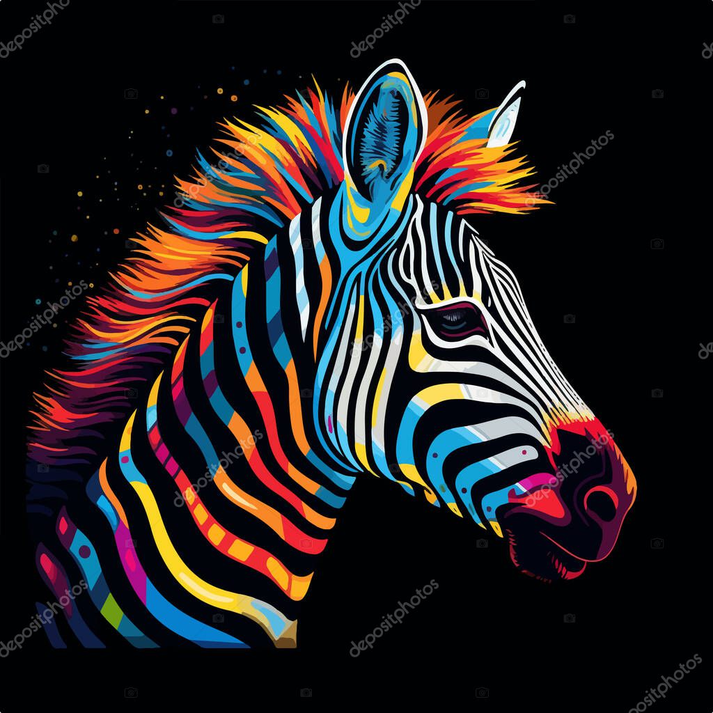 Colorful vector illustration with zebra isolated on black background. Color Poster