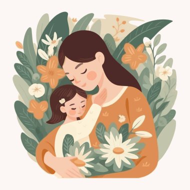 Happy Mother holding baby surrounded by flowers. Mother hugs her child, motherhood. Scandinavian flat style. Concept of mothers day clipart