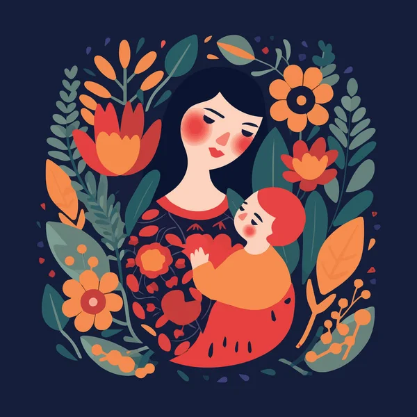 Madre Feliz Sosteniendo Bebé Rodeado Flores Mamá Abraza Hijo Maternidad — Vector de stock