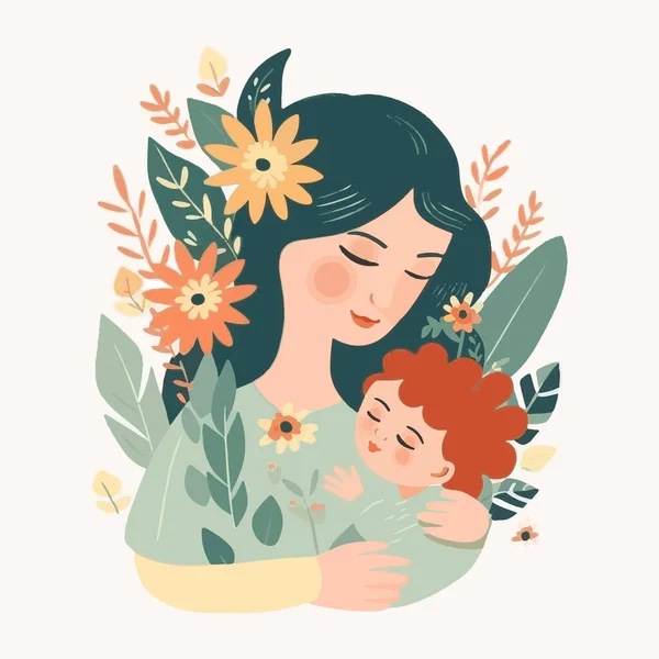 Madre Feliz Sosteniendo Bebé Rodeado Flores Mamá Abraza Hijo Maternidad — Vector de stock