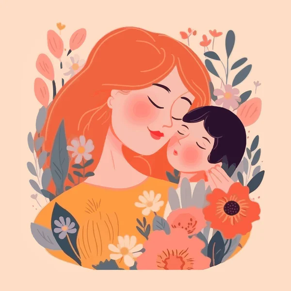 Bonne Mère Tenant Bébé Entouré Fleurs Mère Embrasse Son Enfant — Image vectorielle
