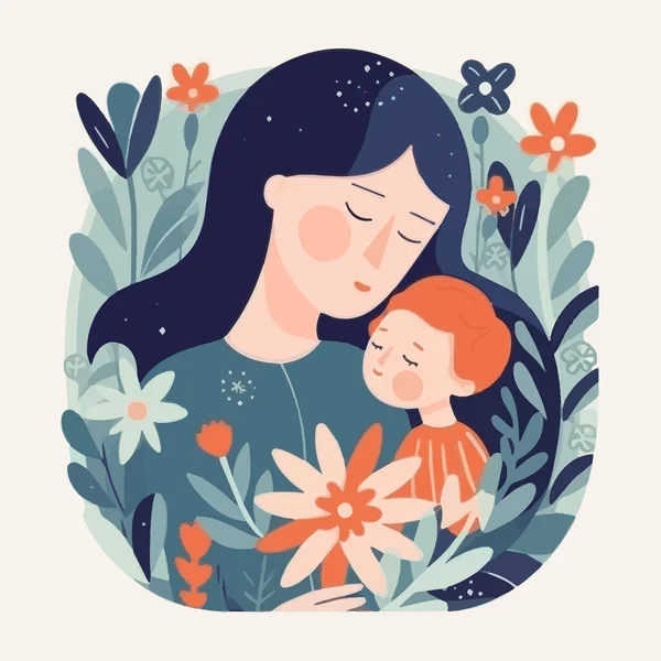 Mãe Feliz Segurando Bebê Cercado Por Flores Mãe Abraça Filho —  Vetores de Stock